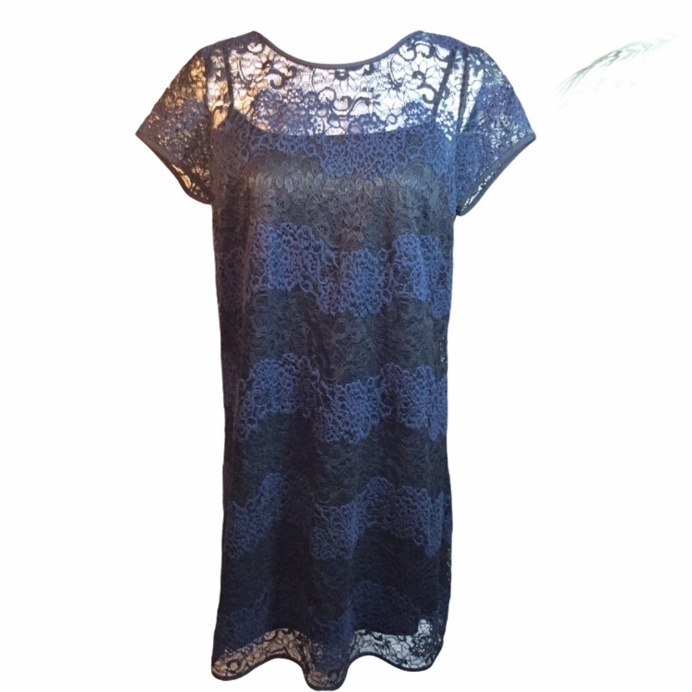 LOFT Navy Blue Lace Shift Dress Short Sleeve‎ Tie Neck Size 10